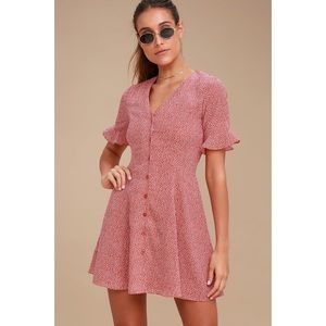 Lulus Castana Rust Red Print Button-Up Dress